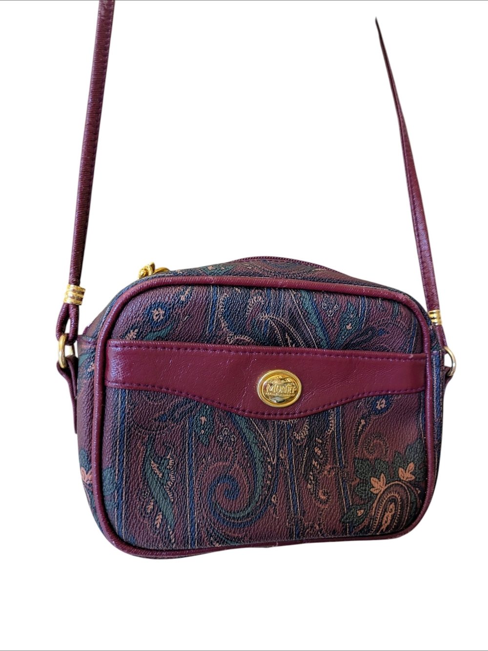 Monet Plum Paisley Crossbody with Gold Accents